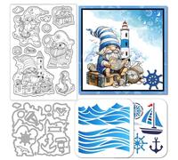 GLOBLELAND Seafaring Gnome Clear Stamps Cutting Dies PET Painting Stencils for Card Making Summer Ocean Lighthouse Silicone Stamp Metal Greetings Die Cuts PET Paint Stencils for DIY Scrapbooking
