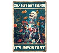 GLOBLELAND Skeleton Garden Metal Tin Sign "SELF LOVE ISN'T SELFISH IT'S IMPORTANT" Vintage Painting Tin Signs 12x8inch Retro Wall Art Plaque Poster for Home Office Bar Club Halloween Decoration