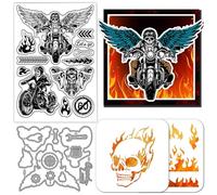 GLOBLELAND Skull Motorcycle Clear Stamps Magic Cutting Dies PET Painting Stencils for Card Making Halloween Wings Silicone Stamp Metal Street Sign Die Cuts PET Stencils for DIY Scrapbooking
