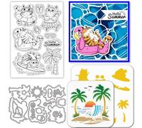 GLOBLELAND Summer Beach Cat Clear Stamps Cutting Dies PET Painting Stencils for Card Making Cartoon Animals Cat Silicone Stamp Metal Ocean Palm Trees Die Cuts PET Paint Stencils for DIY Scrapbooking