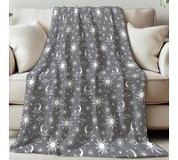 GLOBLELAND Sun and Moon Throw 59x51 inch Stars Clouds Cozy Flannel Blanket Grey Washable Fuzzy Throw Blanket for Couch Chair Sofa Bed Dorm Bedroom Home