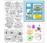 GLOBLELAND Teacup Teapot Cake Clear Stamps Cutting Dies PET Painting Stencils for Card Making Flowers Splatter Texture Silicone Stamp Metal Words Die Cuts PET Paint Stencils for DIY Scrapbooking