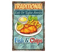 GLOBLELAND "Traditional Eat or Take Away Fish Chips" Vintage Fish Chips French Fries Metal Tin Sign 12x8in/30x20cm Art Plaque Poster Wall Decor for Bar Club Restaurant Cafe