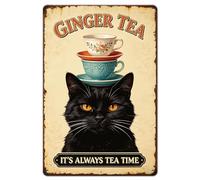 GLOBLELAND Vintage Black Cat Metal Tin Sign 12x8 inch Funny Ginger Tea Cat Tin Signs Retro Tea Time Wall Poster Plaque for Home Kitchen Coffee Cafe Pub Bar Restaurant Man Cave Decor