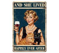 GLOBLELAND Vintage Blonde Lady Metal Tin Sign 12x8inch Cute Cats Tin Signage Decor Signs Retro Red Wine Wall Metal Plaque for Office Home Garage Room Cafes Bars Shopstore Decoration