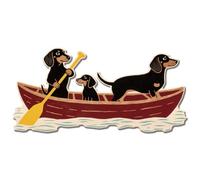 GLOBLELAND Vintage Dachshund Canoe Metal Tin Sign 10.6x5.2 inch Retro Red Boat Plaque Wall Decoration Dachshund Dog Wood Grain Metal Wall Art Decor for Holiday Home Mountain Village Cottage Villa