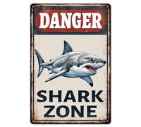 GLOBLELAND Vintage Danger Warning Metal Tin Sign 12x8inch Shark Zone Tin Signage Decor Signs Retro Ocean Shark Wall Metal Plaque for Office Home Garage Room Cafes Bars Fishing Area Decoration