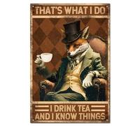 GLOBLELAND Vintage Fox Metal Tin Sign 8×12inch "Drink Tea and Know Things" Retro Metal Wall Decorative Tin Signs Metal Wall Plaque for Home Kitchen Bar Coffee Shop Club Orchard Decoration