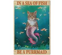 GLOBLELAND Vintage Mermaid Cat Metal Iron Sign Plaque Poster Retro Metal Wall Decorative Tin Signs 11.8×7.9inch for Home Bar Coffee Shop Club Bohemian Room Decoration