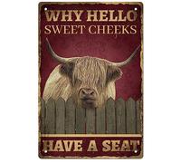 GLOBLELAND Vintage Metal Highland Cattle Tin Sign Funny Art Plaque Poster Retro "Sweet Cheeks Have a Seat" Metal Wall Decorative Tin Signs 8×12inch for Home Kitchen Bar Coffee Shop Club Decoration