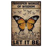 GLOBLELAND Vintage Metal Sign - Retro Butterfly with Whisper Words 'Let it Be' - 8 x 12 Inch Plaque for Home, Cafes, Office, Store, Pubs, Club