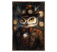 GLOBLELAND Vintage Owl Metal Sign 12x8 in Retro Clock Gentleman Steampunk Animals Tin Signs Wall Poster Plaque for Office Parlor Garage Balcony Kitchen Bedroom Home Wall Decor
