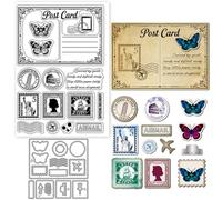 GLOBLELAND Vintage Postcard Stamps Clear Stamp and Cutting Dies Set for Card Making Butterfly Travel Post Card Silicone Transparent Stamps Retro Frame Metal Die Cuts for DIY Scrapbooking Photo Album