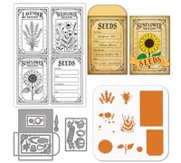 GLOBLELAND Vintage Seed Flowers Packet Silicone Clear Stamp Pumpkin Vegetables Cutting Dies Plants Frames PET Painting Stencils Template Set for Card Making DIY Scrapbooking Craft Embossing