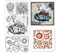 GLOBLELAND Vintage Steampunk Spaceship Gears Die Cuts Clear Stamps Painting Stencils for Card Making Retro Clock Silicone Stamps Metal Cutting Dies PET Craft Template for DIY Scrapbooking Decor