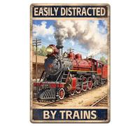 GLOBLELAND Vintage Train Metal Tin Sign 12x8inch Easily Distracted by Trains Tin Signage Decor Signs Retro Train Tracks Wall Metal Plaque for Home Living Room Man Cave Club Garden Decoration