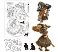 GLOBLELAND Witch Clear Stamps and Cutting Dies Set Cat Silicone Clear Stamps and Metal Moon Stars Die Cuts for Witches Festival Card Making and DIY Scrapbooking