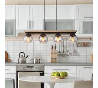 Globo Conni hanging light, length 85 cm, smoke grey, wood/glass, 4-bulb.