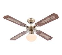 Globo E27 Ceiling Fan with Antique Brass Blades, Oak/Cane