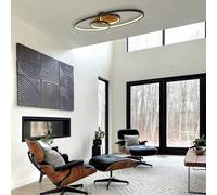 Globo Tisha I LED ceiling light, matt black/wood, length 85 cm