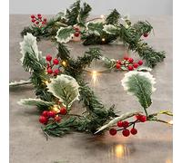 GloBrite 2M Berry & Leaf Christmas Garland with 20 Led Lights - Battery Operated Xmas Garland for Indoor Décor, Stairs, Doorways & Fireplace, Versatile Christmas Decorations