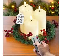 GloBrite 3-Pack Flickering Flameless LED Candles with Christmas Decorations Berry Wreath - Battery Operated Table Decoration - Ivory Pillar Candles, 24Hr Remote & Timer