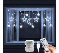 Globrite Christmas Curtain String Lights 138 Led Cool White - Star & Moon Shapes Usb Battery Powered 8 Modes With Remote
