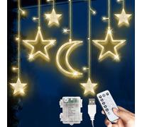 GloBrite Christmas Decorations Curtain String Lights - 138 LED Curtain w/Star & Moon Shapes, USB or Battery Powered Fairy Lights for Bedroom, Garden & Patio w/Remote, 8 Modes & Memory - Warm White