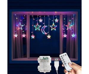 GloBrite Christmas Decorations Curtain String Lights - 138 LED Curtain w/Star & Moon Shapes, USB or Battery Powered Fairy Lights for Bedroom, Garden & Patio w/Remote, 8 Modes & Memory - Cool White