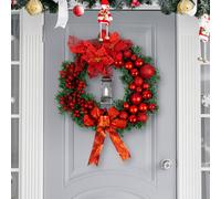 Globrite Christmas Wreath - 40 Cm, Red - With Bows Baubles & Lantern - Front Door Outdoor Christmas Decoration For Home Décor