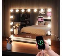 GloBrite Hollywood Vanity Mirror with 15 Dimmable LED Bulbs - 3 Lighting Modes, 10x Magnification, Touch Control, USB Charging, Wall/Tabletop, Lighted Makeup Mirror for Bedroom, Dressing Room - White