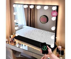 GloBrite Hollywood Vanity Mirror with Lights - 15 LED Bulbs - 3 Lighting Modes, 10x Magnification, Touch Control, USB Charging, Wall/Tabletop, Mirror for Dressing Table, Bathroom or Bedroom - Black