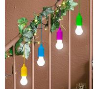 GloBrite Pack of 4 Multi Coloured Outdoor Lights - Pull Cord LED Lights Bulb | Battery Operated for Indoor & Outdoor - Portable Hanging LED Light, Light Pull Cord for Home Decor, Living Room & Camping