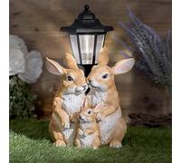 GloBrite Solar Rabbit Family with Lantern Post Light - Resin Garden Ornaments Outdoor Use - Solar Garden Lights for Yard, Patio, Lawn- Charming Animal Figurines
