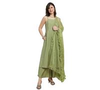 Globus Women's Festive Roman Silk A-Line Kurta Set with Square Neck Sequin Detail Gotta Lace Hem Palazzos & Frill Dupatta