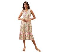 Globus Women's Pink Floral Print A-Line Midi Fusion Dress with V-Neck Gathered Tiered Layers and Lace Inserts