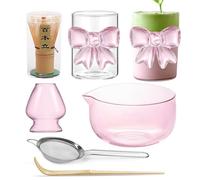 GLocherify Matcha Set Pink Glass Matcha Bowl,Bamboo Whisk,Iced Coffee Cup with Bow,Scoop,Holder,Sifter,Matcha Kit 6pcs Matcha Starter Kit for Matcha Latte Matcha Tea Ceremony Japanese Gifts