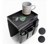GLOCHYRA Armchair Caddy Remote holder for Recliners Armrest Organizer PU Leather - 5 Pockets Chair Caddy for phone, magazine with Detachable Arm Tray for Snacks- Comes with 2 Piece Coaster (Black)