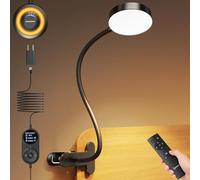 Glocusent Clip On Light, 72 LED Desk Lamp with 3 Colors & 5 Brightness, Flexible Clip on Lamp with Amber Night Light, 30/60-Min Timer, Eye Caring, for Bed/Reading (Black with Adapter&Remote)
