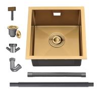 Glod Kitchen Sink, 40X40CM Small Sink Stainless Steel Single Bowl, BoomHoze Outdoor Campervan with Overflow, Drainer Fittings, Undermount, Top Mount, Drop in Flushmount Installation, Glod