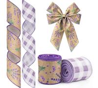 Glodecart 2 Rolls Lavender Ribbons Wired for Wreath Bow Wrapping Gifts, Floral Spring Flower Ribbon for Gift Wrapping Party Decoration DIY Crafts, 2.5" X 10 Yards Purple Plaid Lavender Wired Ribbon