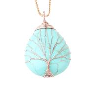 Gloden Wire Wrapped Crystal Pendant Necklace,Natural Stoner Bead Pendant with Chain Water Drop Stone Necklace for Women Men Turquoise