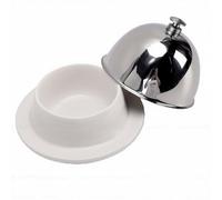 GLOGLOW Bowl Type Butter Dish with Stainless Steel Lid Compact and Multifunctional Tableware for Kitchen Restaurant Candy Dessert Jam Honey Appetizer Round Butter Dish, Ceramic Nan