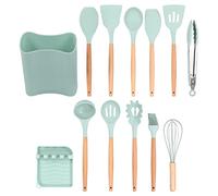 GLOGLOW Wood Handle Silicone Kitchenware 13pcs Set with Holder, with Holder, Nonstick Rice Spoon and Big Spoon Utensils for Home, Easy to Store and Comfortable Grip Wood Handle Silicone (Light Green)