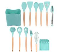 GLOGLOW Wood Handle Silicone Kitchenware 13pcs Set with Holder, with Holder, Nonstick Rice Spoon and Big Spoon Utensils for Home, Easy to Store and Comfortable Grip Wood Handle Silicone (Dark Green)