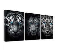 GLOKAKA Black and White Animals Wall Art Set of 3 Leopard Lion Tiger Head with Blue Eyes Print Painting Picture Modern Poster Artwork for Office Living Room Bedroom Decor