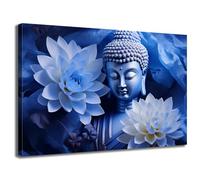 GLOKAKA Buddha Art Canvas Indigo Blue Buddha Lotus Pictures Wall Decor Zen Meditation Buddhism Statue Print Painting Artwork for Living Room Office Home Bathroom Decor