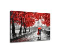 GLOKAKA Contemporary Wall Art Black White and Red Umbrella Couple in Street Big Ben Oil Painting Print Canvas Wall Art Romantic Picture Artwork for Bedroom Living Room Decor