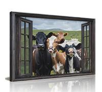 GLOKAKA Farmhouse Cow Wall Art Rustic Funny Friends in The Window Landscape Cattle Canvas Print Picture Farm Animal Painting Artwork for Bathroom Bedroom Living Room Decor