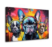 GLOKAKA Graffiti Dog Wall Art Canvas,Fashion Funny Street Dog Pop Art,Three French Bulldog Picture Painting Print,Colorful Animal Painting Artwork for Bedroom Bathroom Decor-24 x16